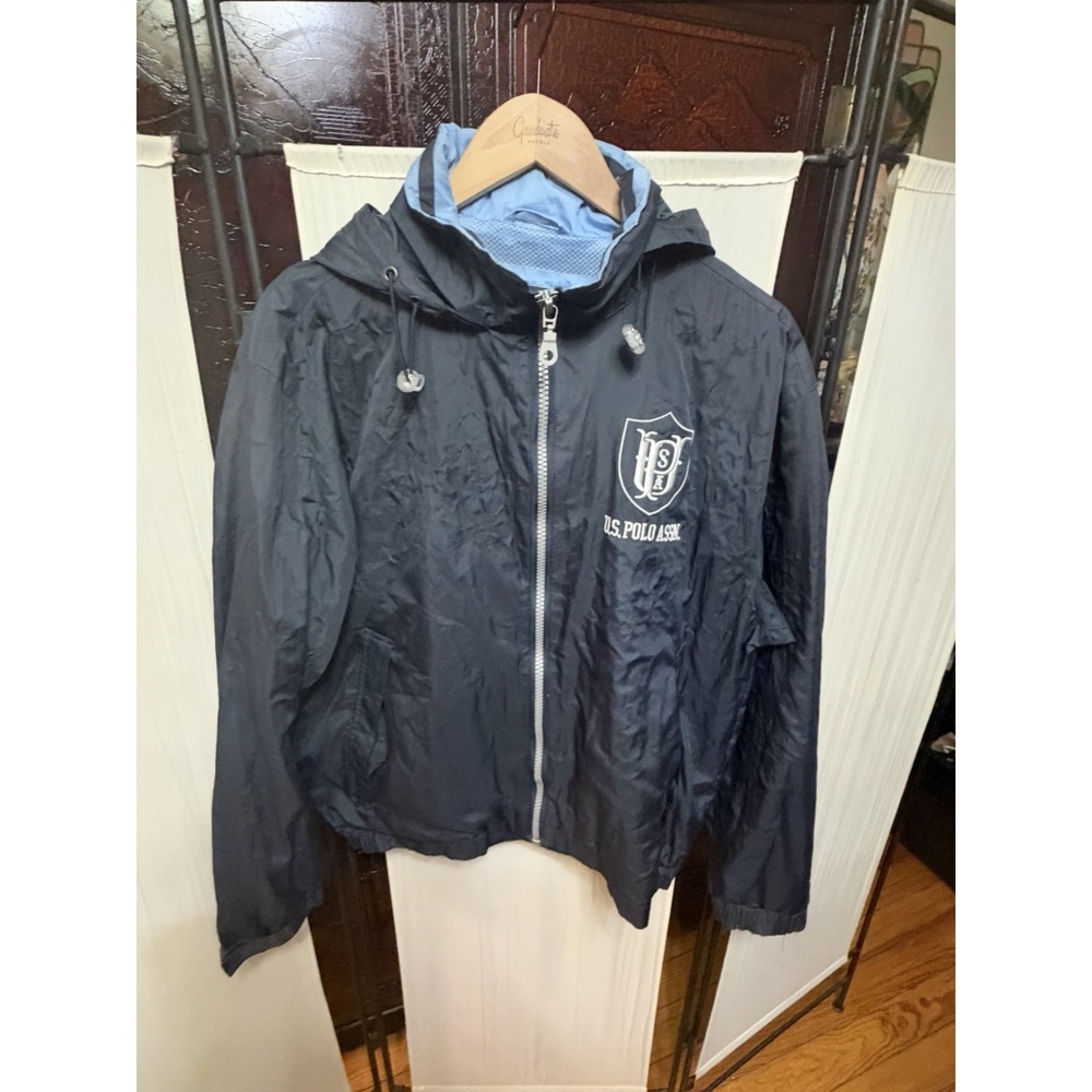 U.S. Polo Assn Men's XL Navy Blue Hooded Windbreaker Full Zip Mesh Lined